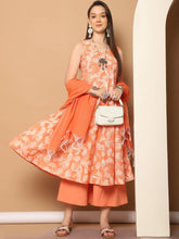 Printed orange flared kurta pallazos dupatta set ( JOKPL D56O 1546 Orange )-JOKPL-D56O